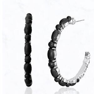 40MM Semi Genuine Stone Open-End Hoop Earrings | Jet Black